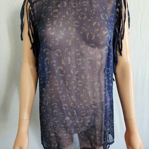 Topshop Navy Blue Women's Fringe Sides Sleeveless Blouse